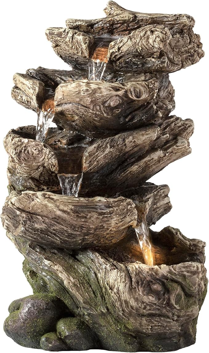 Alpine Corporation WIN1180 11" Indoor Tabletop Waterfall Fountain with LED Lights, 5 Tier Rainforest Garden Fountain, Brown - Bloomnest