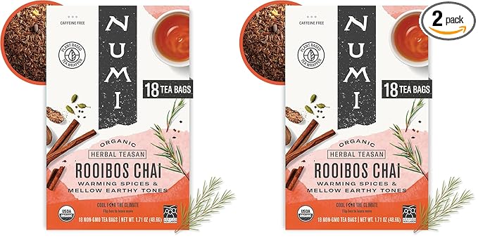 Numi Organic Rooibos Chai Tea, 18 Herbal Bags, Microplastic Free, Rich Flavor with Cinnamon, Allspice & Ginger, Caffeine Free (Pack of 2) - Bloomnest