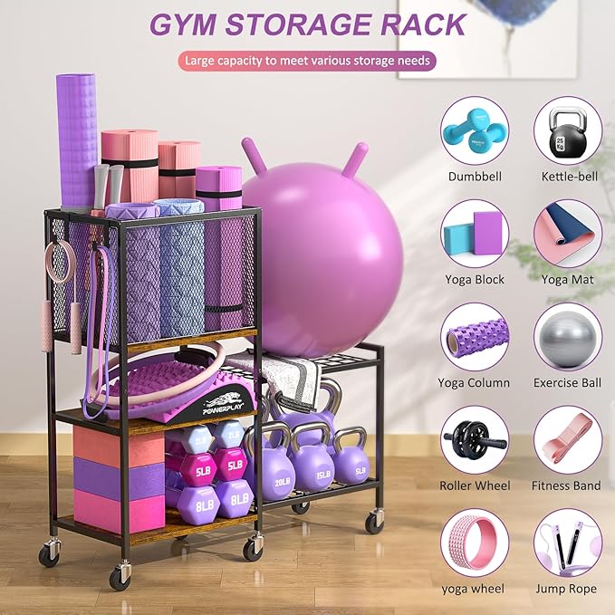 5 Tier Dumbbell Rack, Yoga Mat Storage Holder, Home Gym Storage Rack, Workout Equipment Storage Organizer, Weight Storage Holder Rack with Hooks and Wheels - Bloomnest