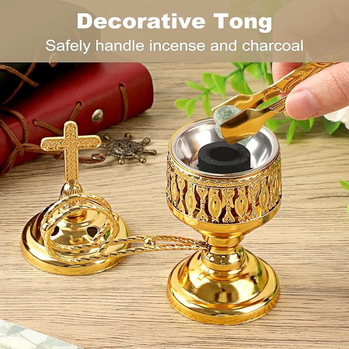 JUXYES Vintage Incense Burner Holder with Ash Catchers and Cross Lid, Metal Censer Antique Charcoal Incense Resin Burner with Tongs, Zinc Alloy Spiritual Aromatherapy Yoga Meditation Retro Home Decor - Bloomnest