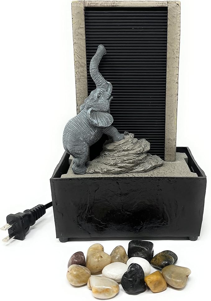Nature's Mark 9" H Elephant Tabletop Water Fountain with Natural River Rocks and LED Lights (Power Cord Attached) - Bloomnest