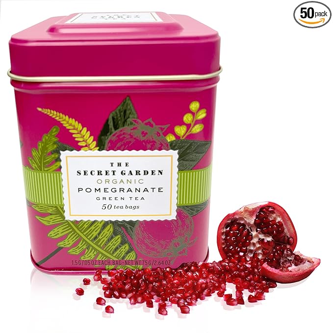 Organic Pomegranate Ceylon Green Tea - 50 Packets - Natural Antioxidant Rich Herbal Leaf Teabags - USDA Certified 100% Non-GMO - Caffeinated Designer Gift Tin - Bloomnest