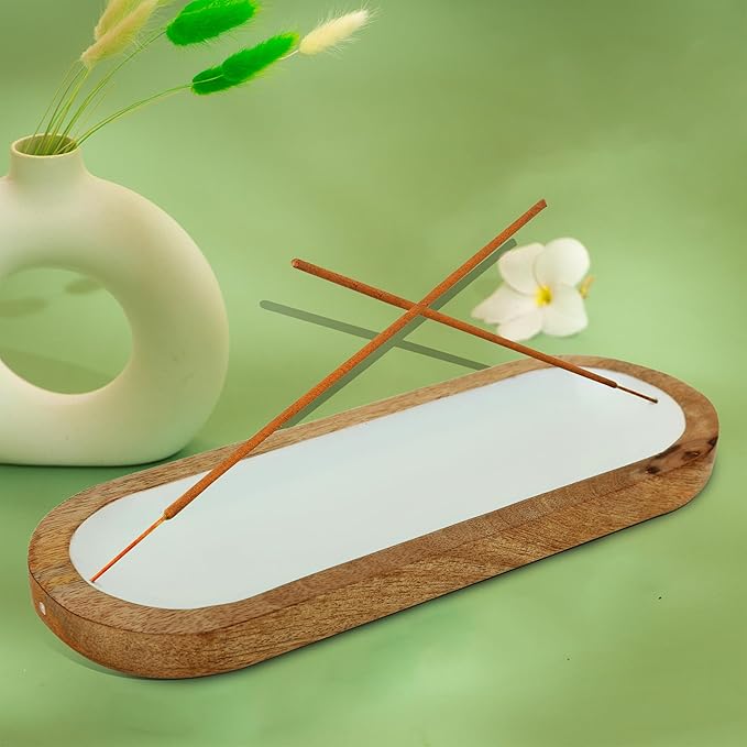 Hand Painted White Incense Holder,Wooden Incense Burner,Ash Catcher, Incense Tray 11x4x1.5 Inches, Best for Home Fragrance-Aesthetic Room Décor