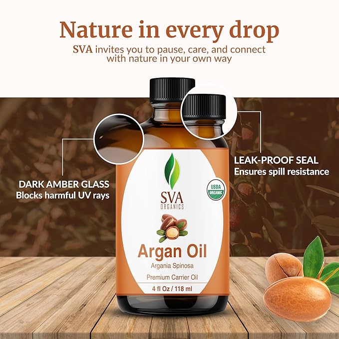 SVA Argan Oil Organic - 4 Fl Oz – 100% Natural Cold Pressed Organic Argan Oil - for Face, Skin Care, Hair Care, Scalp Massage & Body Massage – Carrier Oil with Dropper - Bloomnest