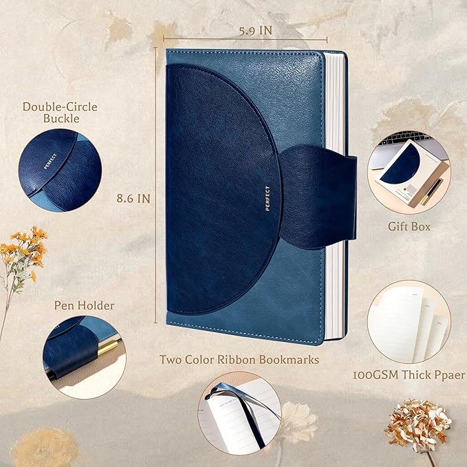 CAGIE Lined Journal for Women, 100GSM Leather Journals for Writing with Buckle Closure,A5 Hardcover Diary Journaling Notebooks for Business Work School Note Taking 5.9" x8.59 (Blue) - Bloomnest