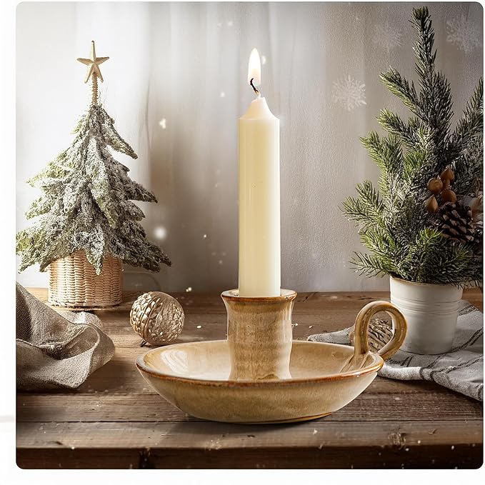 Candlestick Holder, Vintage Ceramic Candle Holder for Taper Candles, Spell Candles, and Incense, Farmhouse Candlelight Stand with Handle for Home, Dining Table, Halloween, Christmas Decor - Bloomnest