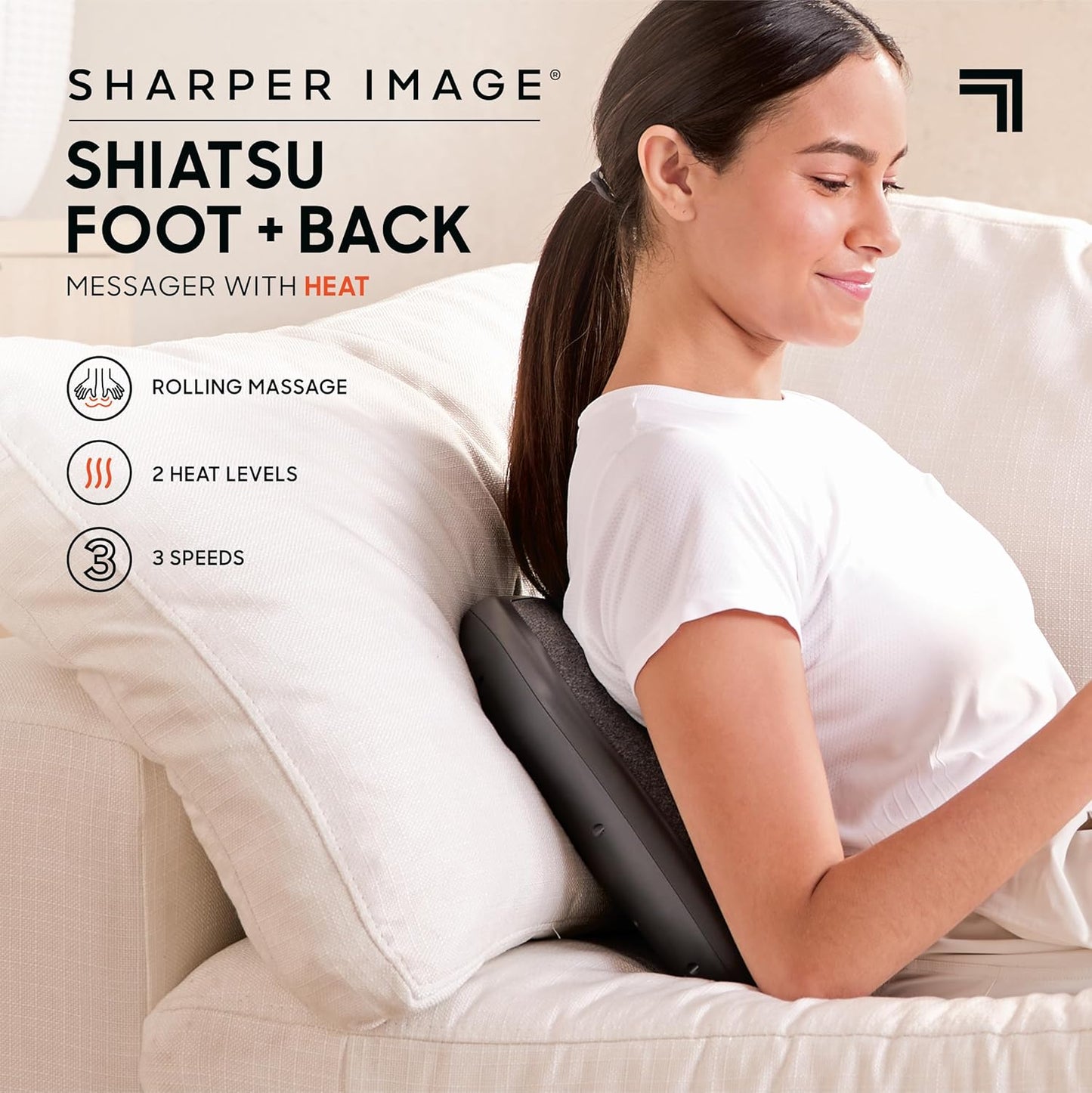 Sharper Image® Shiatsu Foot + Back Massager with Heat & Washable Cover| Portable Kneading Deep Tissue Massage Tool| Heating Pad Massage Pillow