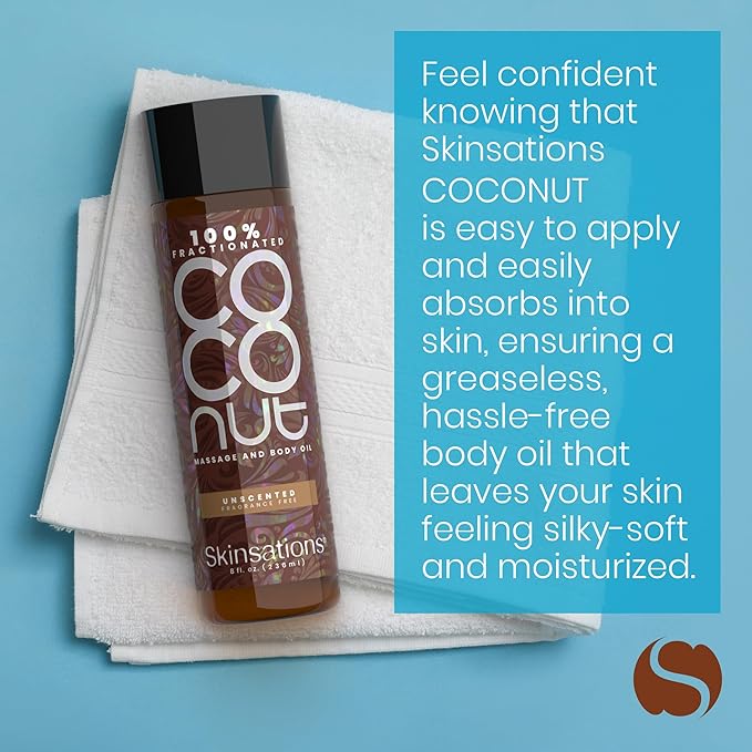 Skinsations - Unscented Body Oil - Fragrance Free - 100% Fractionated COCONUT Oil - After Shower Body Oil for Women and Men, Body Moisturizer, Bath Oil, Hydrating Body Massage Oil