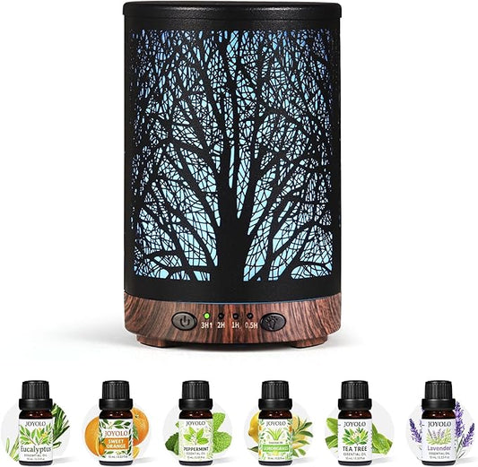 Oil Diffuser with Essential Oils Set, Aromatherapy Diffuser with 7 Color Lights and Auto Shut-Off, Cool Mist Diffuser with 6 Oils Gift Pack for Home Office (Tree with Oils) - Bloomnest