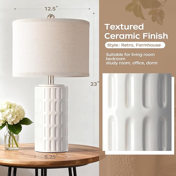 PARTPHONER 23" Farmhouse Modern Ceramic Table Lamp Set of 2 - White Bedside Lamps for Bedroom & Living Room, Nightstand, Desk, End Table - Bloomnest