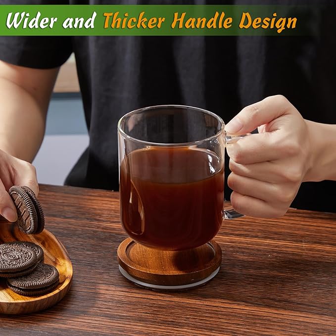 DRASTAR Glass Coffee Cups, 16 oz Coffee Mugs, Flat Bottomed Cups with Acacia Wood Lid, Glass Tea Cup with Handle, Clear Tea Cup Set of 2 - Bloomnest