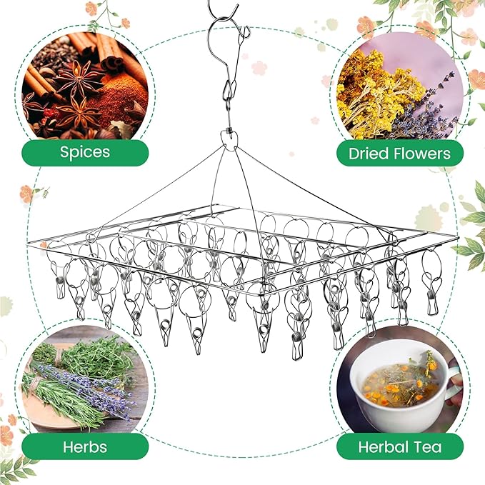 6 Pcs Herb Drying Rack Hanging - Stainless Steel with Clips Clothes Laundry Drying Rack Hanger Collapsible for Plants Bud Weed Onion Macrame Flower Spices(Square) - Bloomnest