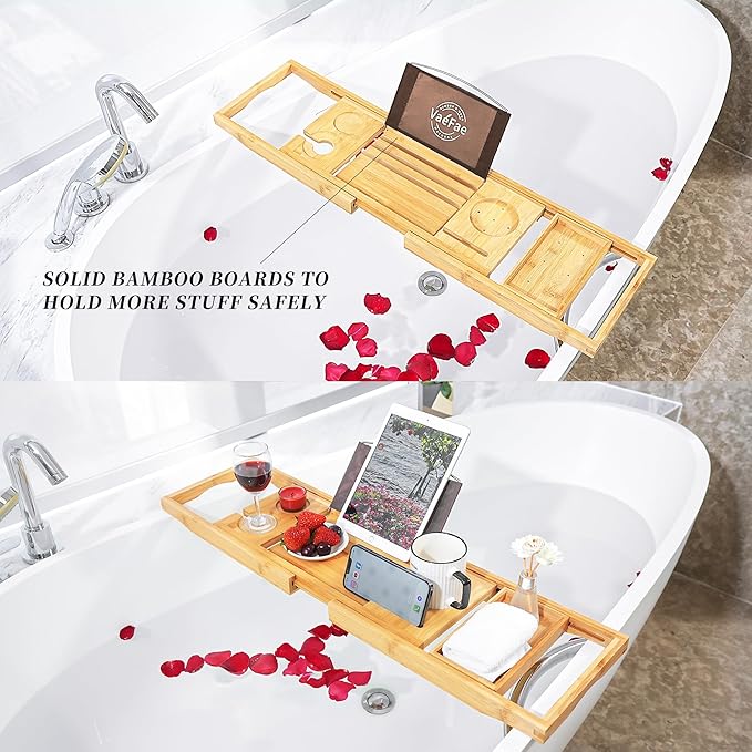 VaeFae Bamboo Bathtub Caddy Tray, Expandable Bath Tray for Tub with Upgraded Wine Slots and Book Holder - Ideal for One or Two Person Use - Bloomnest