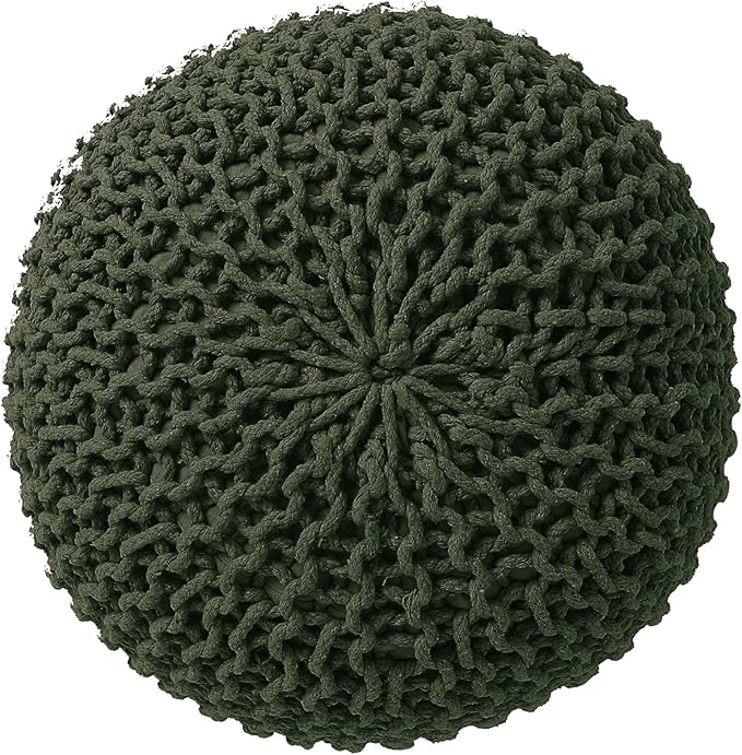 REDEARTH Round Hand Knitted Pouf - Foot Stool Bean Bag Ottoman - Cord Boho Pouffe - Poof Accent Beanbag Footrest for Living Room - Bedroom - Patio - Lounge (19.5"x19.5"x14") - Olive - Bloomnest