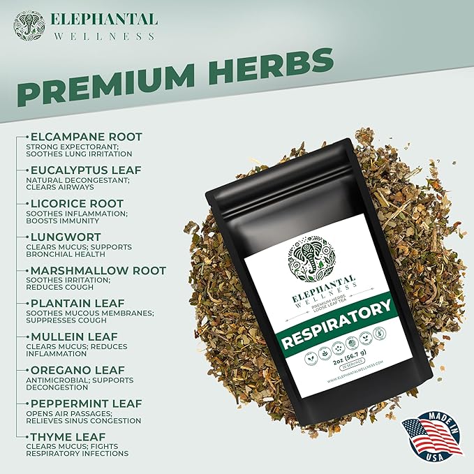 Elephantal Wellness Premium Respiratory Herbal Tea | Lung Detox, Mucus Cleanse & Breathing Support with Mullein, Eucalyptus, Thyme & Lungwort | Handmade, Caffeine-Free, Non-GMO Loose Leaf Blend, 2oz, 20 Servings - Bloomnest