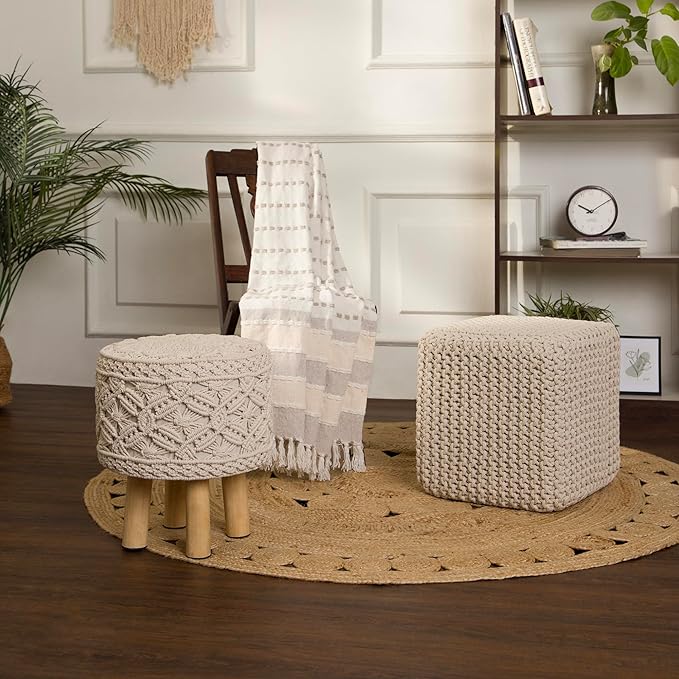 REDEARTH Square Pouf Ottoman Foot Stool - Hand Knitted Bean Bag - Cord Boho Pouffe - Accent Poof for Living Room - Nursery - Bedroom - Kids Bedroom - Patio - 100% Cotton (16" x 16" x 16") - Ivory - Bloomnest