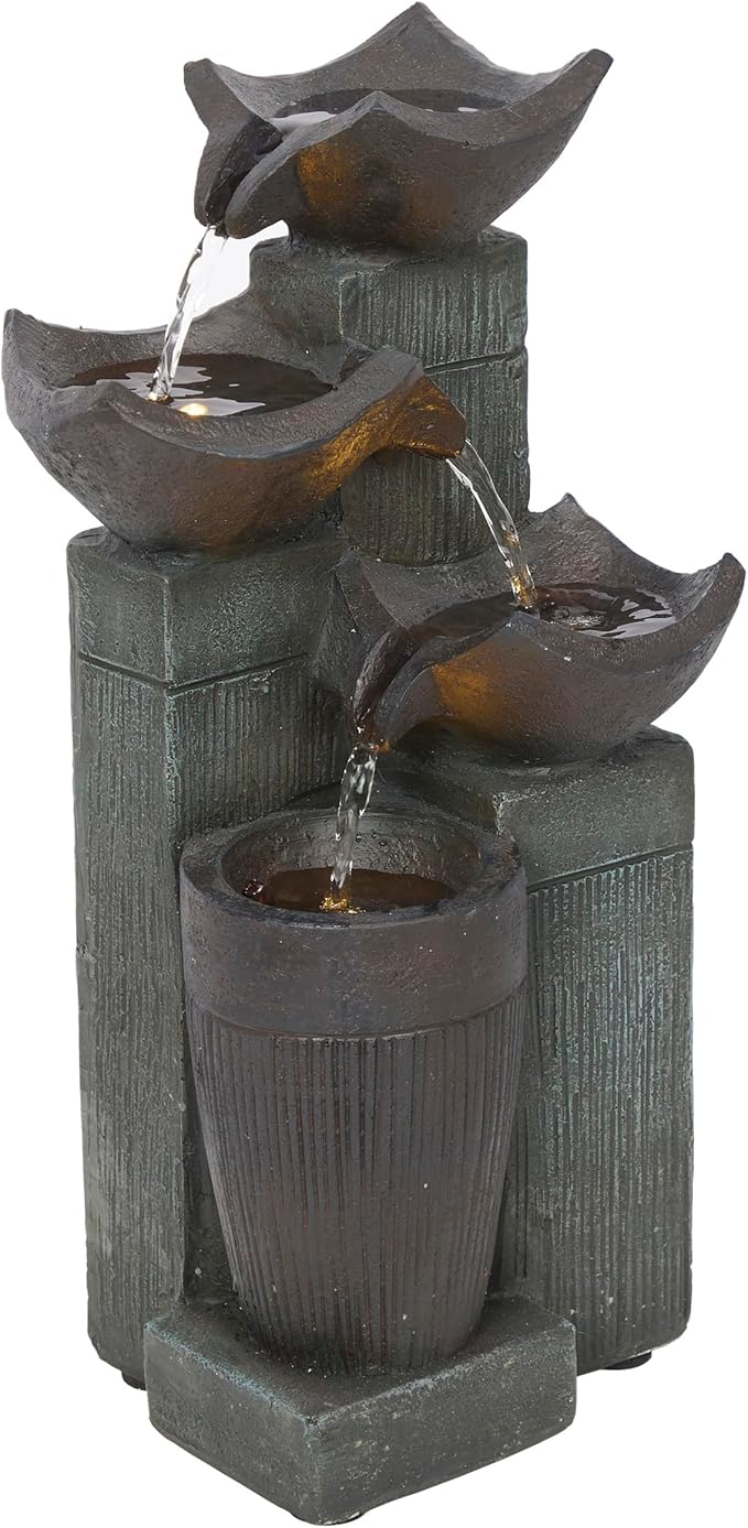 Alpine Corporation TZL414 14" 4 Tier Squared Bowls Fountain with LED Lights, Elegant Tabletop Water Feature for Home, Office, Living Room, Bedroom & Desk Decor, Gray - Bloomnest