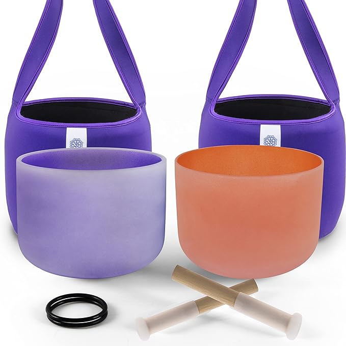 FMTY 10inch Crystal Singing Bowls set prefect pitch(±10HZ) Orange(Sacral)+ Purple(Crown) with Soft Carrying Bag Sound Bowls Chakra Bowl
