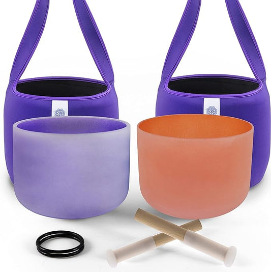 FMTY 10inch Crystal Singing Bowls set prefect pitch(±10HZ) Orange(Sacral)+ Purple(Crown) with Soft Carrying Bag Sound Bowls Chakra Bowl