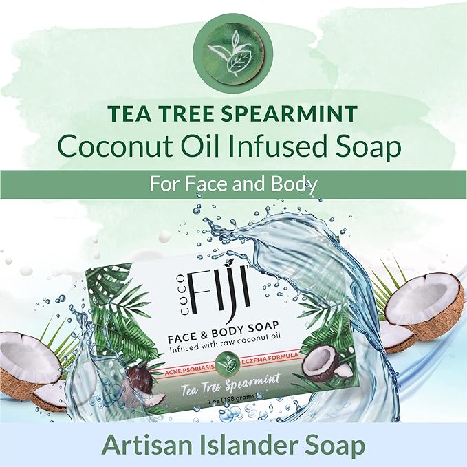 Coco Fiji Soap Bar for Face and Body Infused With Organic Coconut Oil, Tea Tree Spearmint, Essential Oil, Natural Soap for Moisturizing & Pore Purifying Skin, 7 oz,Pack of 2 - Bloomnest