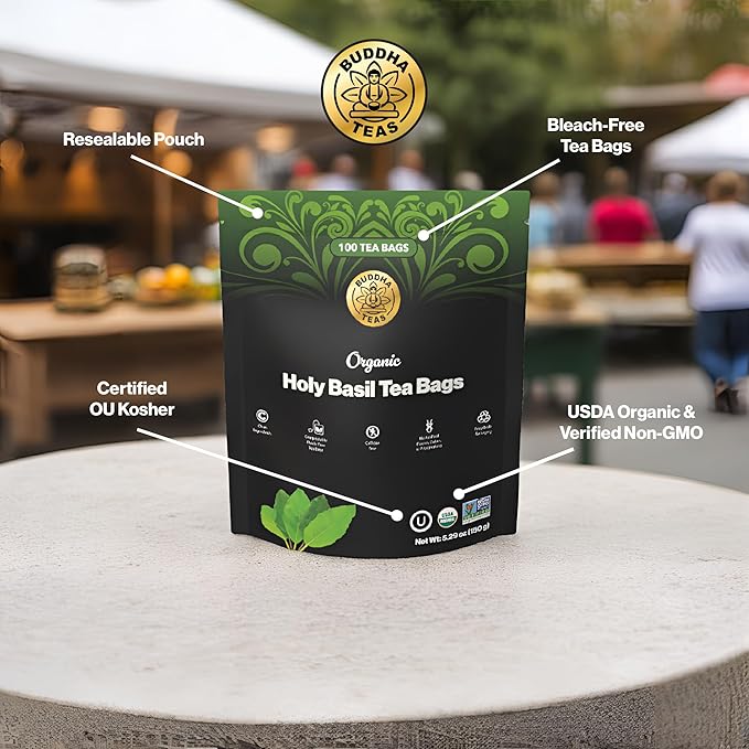 Buddha Teas - Organic Holy Basil Tea Bags - For Health & Wellbeing - Ayurvedic Tulsi - With Antioxidants - Clean Ingredients - Caffeine Free - OU Kosher & Non-GMO - 100 Non-String Tea Bags (Pack of 1) - Bloomnest