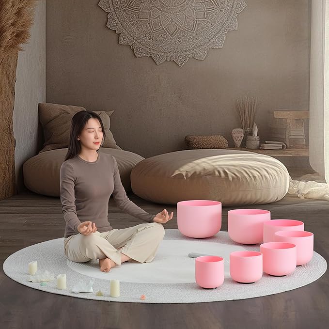 CVNC 432HZ 6-12 Inch Pink Color Frosted Quartz Crystal Singing Bowls Chakra Set of 7 with Carry Case Bags for Sound Healing and Meditation - Bloomnest