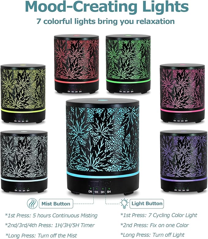 Essential Oil Diffuser Metal Aromatherapy Oil Diffusers for Large Room,Maple Leaf Pattern Ultrasonic Cool Mist Diffuser with Waterless Auto Shut-Off Protection,for Home Office,300ML - Bloomnest