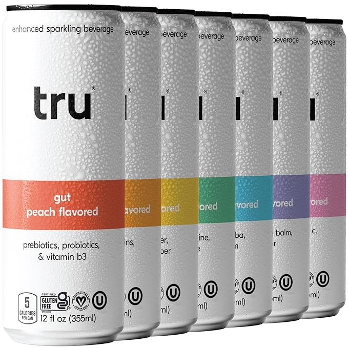Tru Seltzer Sampler, Variety Pack of Sparkling Water with Real Fruit Juice, Functional Ingredients & Natural Flavors, Gluten Free, Vegan, Low Calorie, Caffeine Free Options, 12 FL OZ Cans, 7 Pack - Bloomnest