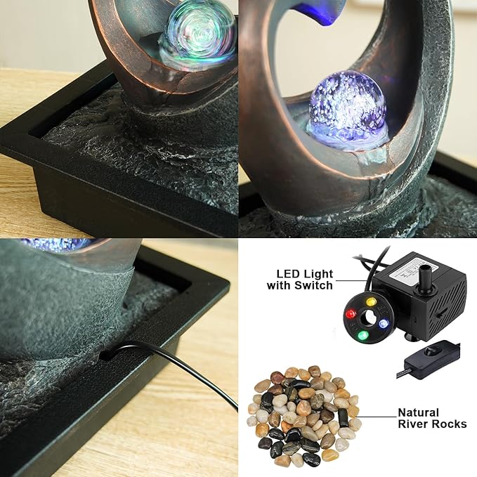 Spinning Orb Rock Cascading Tabletop Fountain, Zen Meditation Indoor Waterfall Feature with ON/Off Switch, Waterfall Fountain with LED Light for Home Office Bedroom - Bloomnest