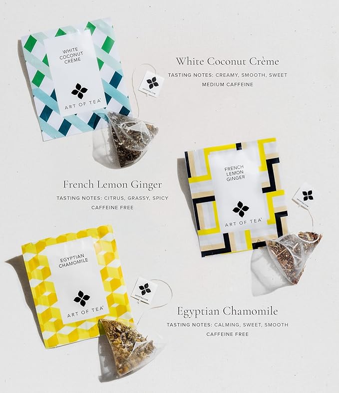 Art of Tea | Assorted Tea Sampler | 12 Count Sampler Box | Breakfast Tea, Earl Grey Creme, Egyptian Chamomile (Non-Caffeinated), French Lemon Ginger (Non-Caffeinated), Green Pomegranate, Mint Green, Tali's Masala Chai, Happy Tea, and White Coconut Creme - Bloomnest