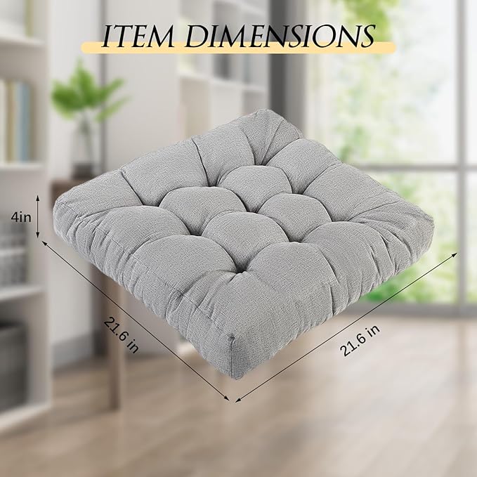 Meditation Floor Cushions Set of 2, Thickened Floor Pillow for Adults, Large Square Pillows Seat Cushion for Tatami Living Room Yoga, Memory Sponge Block Added, 22x22 Inch, Grey