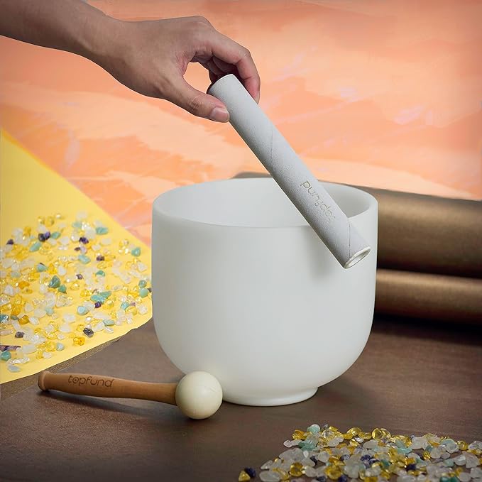 TOPFUND G Note Crystal Singing Bowl Throat Chakra 8 inch with Heavy Duty Carrying Case and Suede Mallet