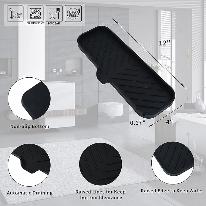 Silicone Bathroom Soap Dishes with Drain Spout-Bathroom and Kitchen Sink Organizer,Sponge Holder,Dish Soap Tray,Perfect for Dispenser,Scrubber,Bottle,Cup on Sink or Counter-Black 12"×4" - Bloomnest