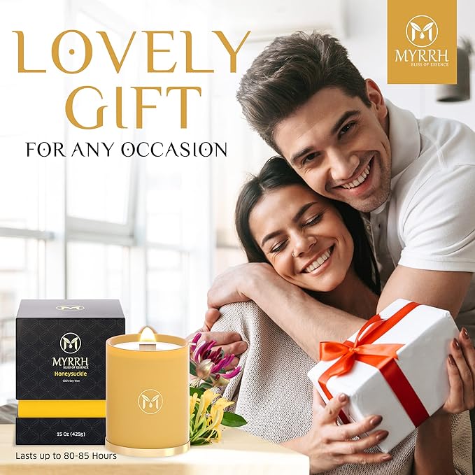 MyrrhUSA Honeysuckle Scented Candle – 15 oz Natural Soy Wax with Crackling Wooden Wick & Essential Oils | 80 Hour Burn | Luxury Aromatherapy Candle for Relaxation, Home Décor, Living Room & Bathroom - Bloomnest