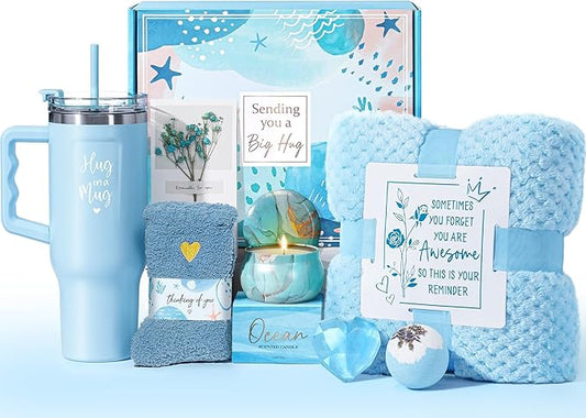 Birthday Gifts for Women Self Care Get Well Soon Gifts, Ocean Relaxing Spa Kit Bath Gift Basket Care Package w/ Flannel Blanket 40 OZ Tumbler, Valentines Day Gift for Her Wife Mom Girlfriend Sister