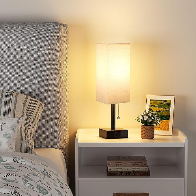 Small Linen Bedroom Lamp - 3 Color Temperature 3000K 5000K 4000K Bedside Lamp, Pull Chain Control, USB A and C Charging Ports, Black Base, for Kids Office Dorm, Bulb Included - Bloomnest