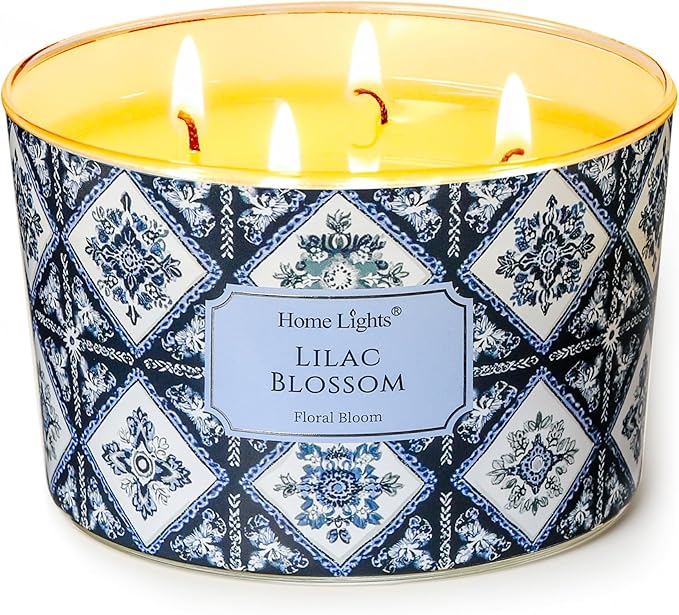 HomeLights 4-Wick Candles for Home Scented - 18oz Soy Wax Blend Candle Long-Lasting Fragrance, Bohemian Natural Textures Home Decor and Housewarming Gifts, Lilac Blossom - Bloomnest