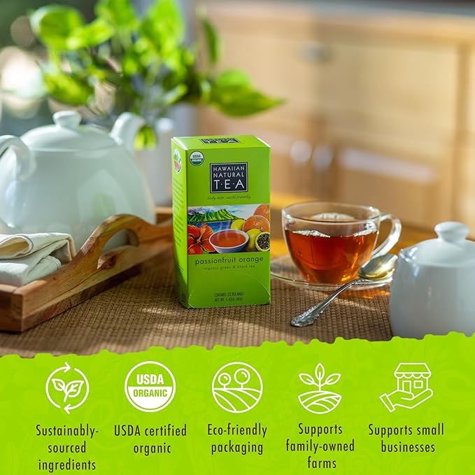 Hawaiian Natural Passion Fruit Orange Flavored Organic Tea - Tropical Fruit Green & Black Tea Blend, Perfect Daily Cup & Gift - 20 Bags - Bloomnest