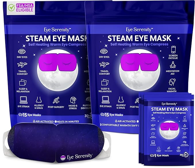 Steam Eye Mask by Eye Serenity Self-Heating Warm Compress, 30-Pack, Unscented, Dry Eye Relief, Perfect for Self-Care, Ideal for Office, Travel & Nightly Relaxation, Calm Sleep