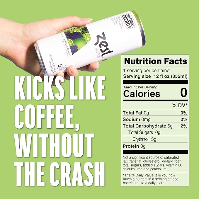 Zest Clean Energy Drink – Blackberry Lime – Zero Sugar, 0 Calories – 120mg Caffeine + 100mg L-Theanine for Focus, Energy & Concentration – Healthy Zero Sugar Energy Drink – 12oz Can, 12 Pack - Bloomnest