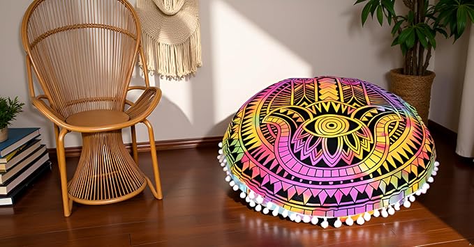 CRAFT KALA Large Round Bohemian Floor Pillow Pouf Cover Mandala Meditation Room Pillow Cover for Adults Boho Seating Poufs Cushion Cover for Kids Playroom Multi Hamsa 32" Round - Bloomnest