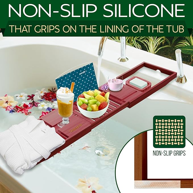 SereneLife Premium Bathtub Tray Caddy with Gift Box and Bow Set, Expandable Bath Tray, Unique House Warming Gifts for Mom, Women, Wedding, Anniversary, Bridal Shower, Fit for All Tub - Stain Brown - Bloomnest