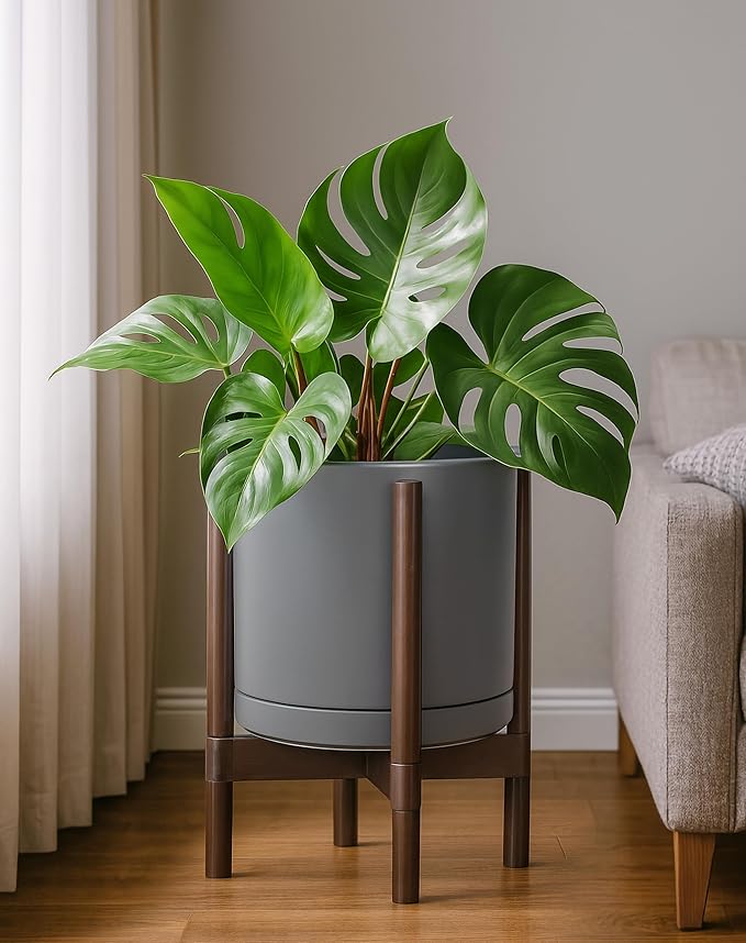 D'vine Dev Ceramic Planter with Walnut Color Stand - 12 Inch Modern Round Flower Pot with Wood Planter Holder, Grey, 55-B-W-3 - Bloomnest