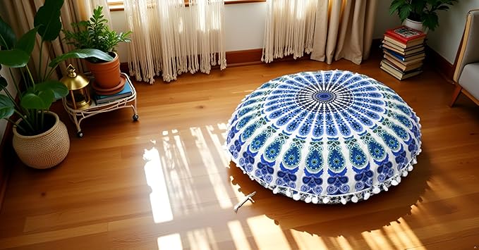CRAFT KALA Large Round Bohemian Floor Pillow Pouf Cover Mandala Meditation Room Pillow Cover for Adults Boho Seating Poufs Cushion Cover for Kids Playroom 32" Round Green Sky Peacock - Bloomnest