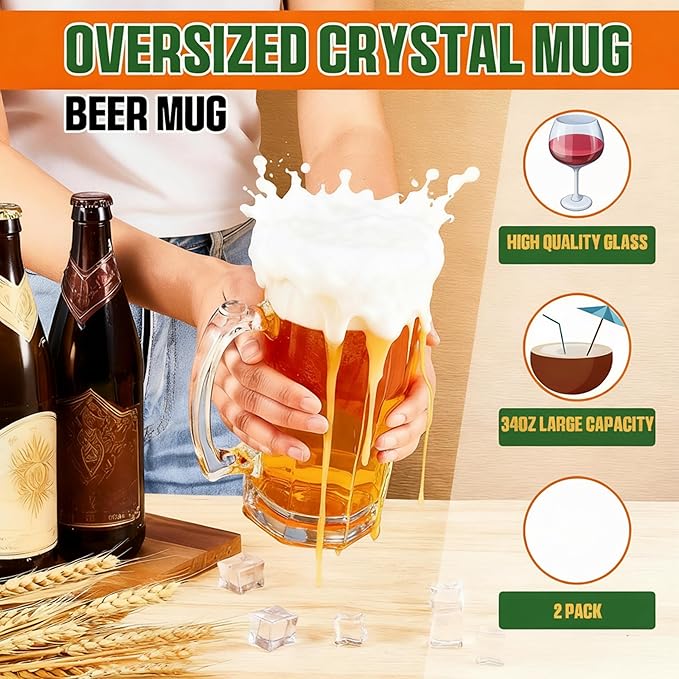 Set of 4 34 oz Extra Large Beer Mugs with Handles Glass German Clear Tall Heavy Beer Cups Steins Mugs Pint Weizen Glasses for Freezer Coffee Drinking Tea Water Cocktail Alcohol Beverages Pub - Bloomnest
