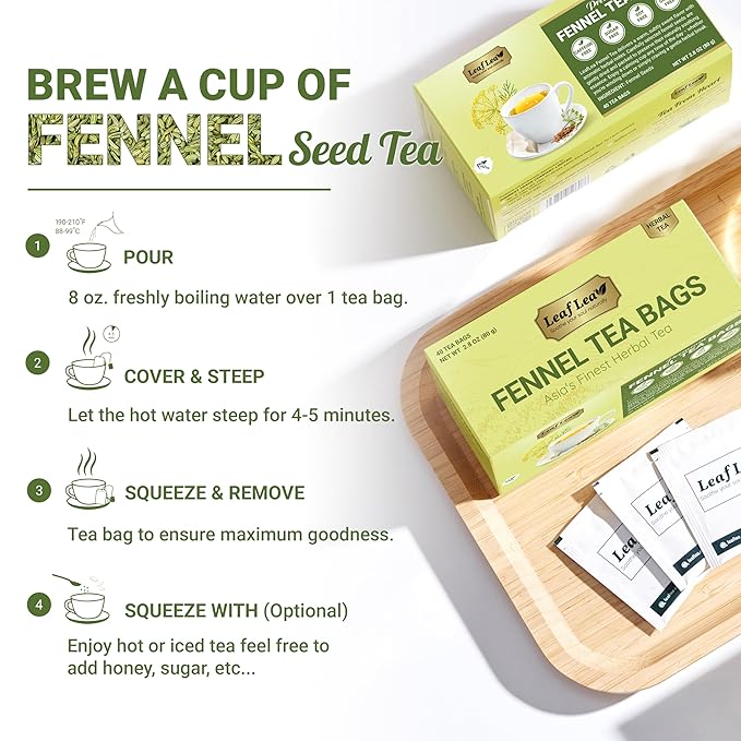 LeafLea 40 Fennel Tea Bags, 100% Natural & Pure Fennel Seed Tea, Gentle Digestion & Fresh Breath, Mild Sweet Finish, Caffeine-Free, Sugar-Free, Vegan, Non-GMO, Individually Wrapped - Bloomnest