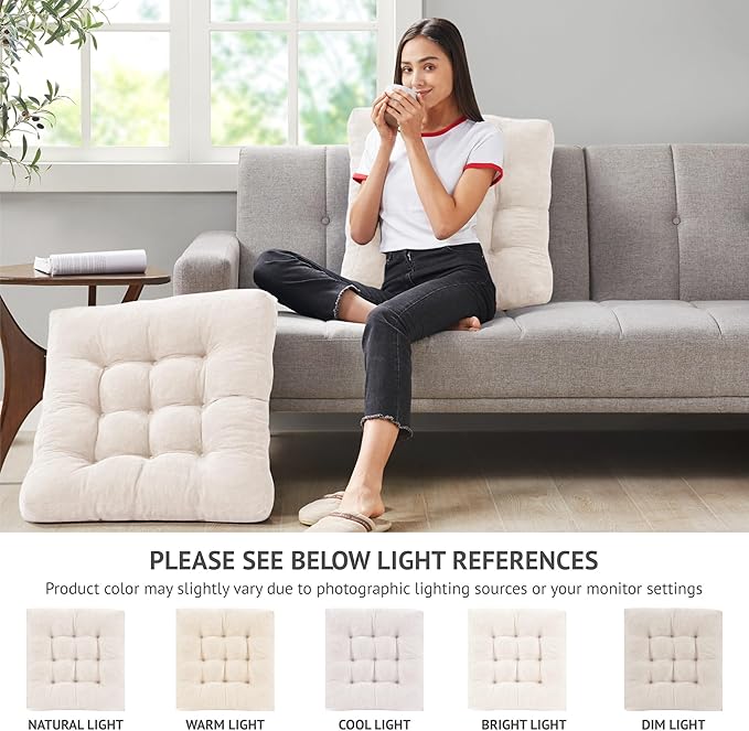 Degrees of Comfort Meditation Floor Pillow, Square Large Pillows Seating for Adults, Tufted Corduroy Cushion for Balcony Bedroom Tatami Living Room, Beige, 22x22 Inch