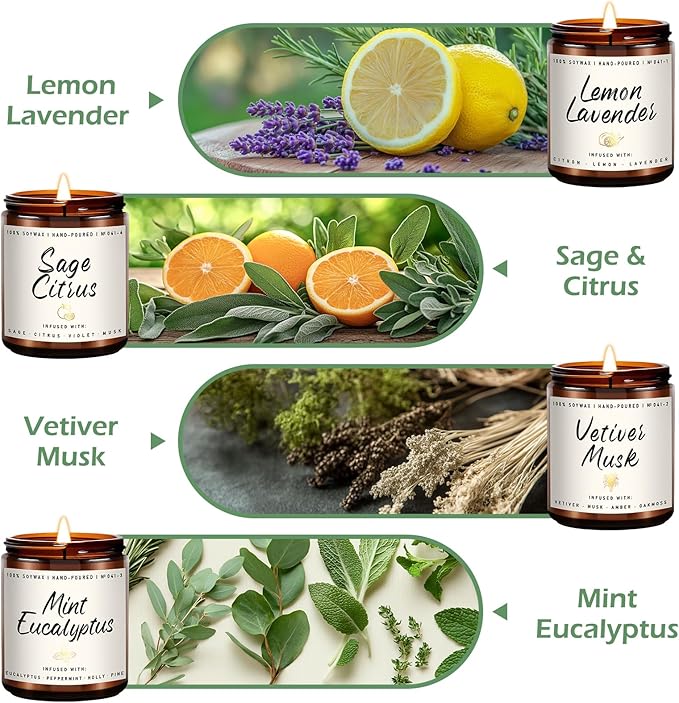 Scented Candles Set | Scented Candle for Home - 4 Pack Candle Gifts, Soy Candles for Home - Aromatherapy Gift of Mint Eucalyptus/Lemon Lavender/Sage Citrus/Vetiver Musk - Bloomnest