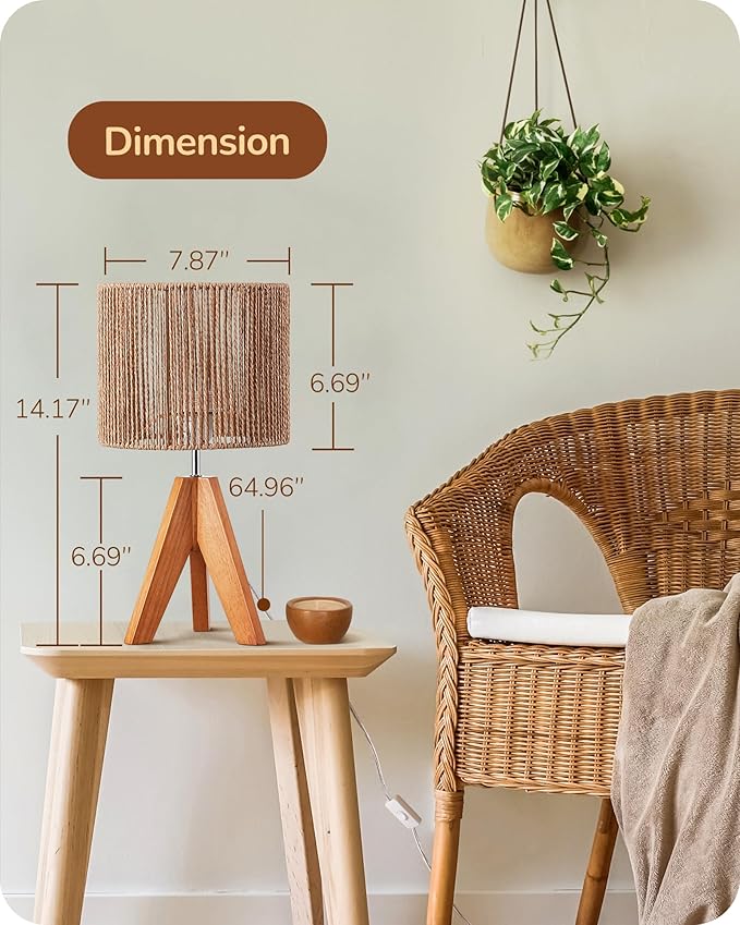EDISHINE Small Rattan Table Lamp, Wood Tripod Bedside Lamp, Boho Nightstand Lamp for Living Room, End Table, Office, E26 Base, Natural Style - Bloomnest