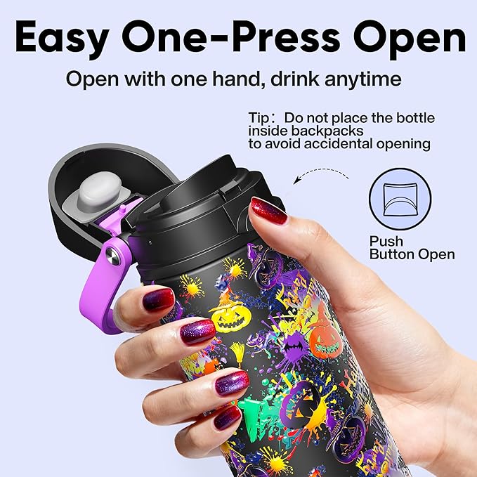 Insulated Water Bottle with Straw - Encool Stainless Steel Water Bottle with Push Button Lid, Leak-Proof & BPA-Free, Keeps Cold for 24 Hours for Sports, Travel, Gym (24 oz, Ghost Party) ENCOOL